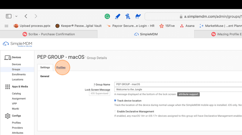 Screenshot of SimpleMDM showing the Profiles tab in PEP GROUP - macOS.