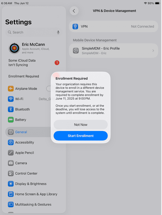 An iPad screenshot of the Settings app open to the “VPN & Device Management” section. A pop-up titled “Enrollment Required” states that the organization requires the device to enroll in a different device management service, with a deadline of June 11, 2025 at 9:00 PM. The message warns that system access will be lost if enrollment is not completed. Below the message are two buttons: “Not Now” and a blue “Start Enrollment” button.