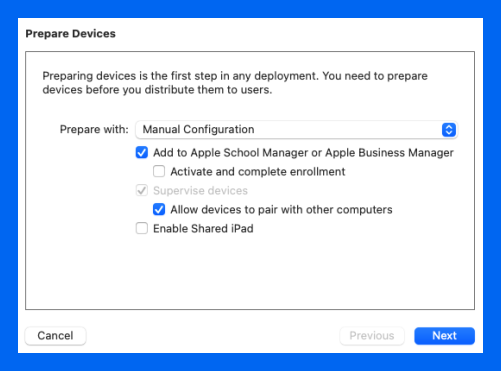 Prepare device window with Add to ASM/ABM selected in Apple Configurator