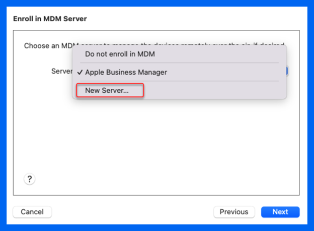 At the MDM server screen, select New Server… from the drop-down list, then click Next