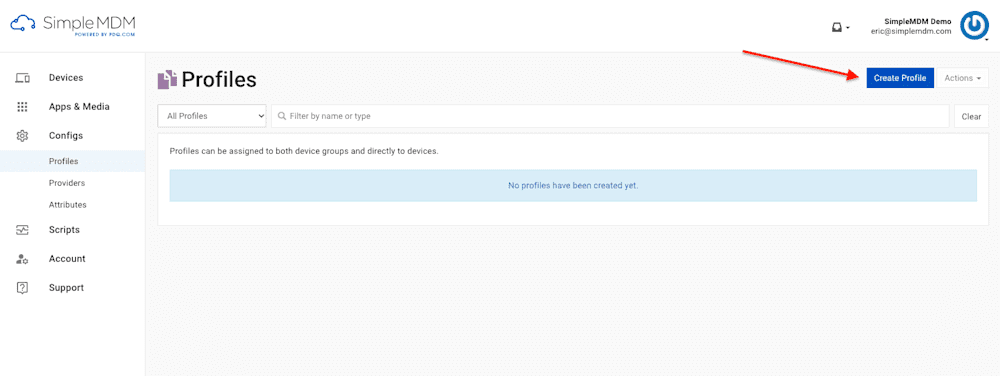 Image of the "Create Profile" button in the SimpleMDM Profiles section