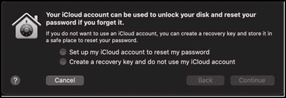 Screenshot showing the prompt that displays when first turn on FileVault: "Your iCloud account can be used to unlock your disk and reset your password if you forget it."