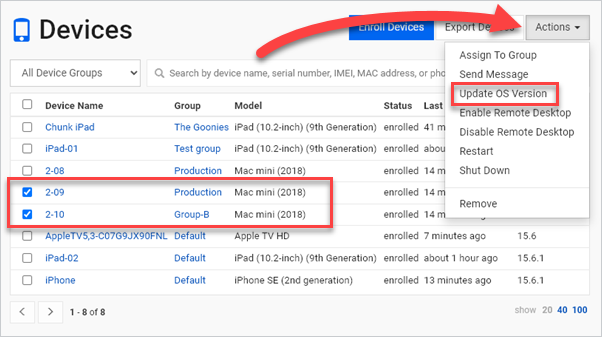 From the main devices list, select actions and update OS version to install updates on multiple devices at once.