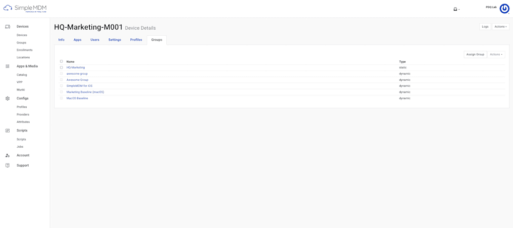 Screenshot of the Groups tab in the Device Details page in SimpleMDM.