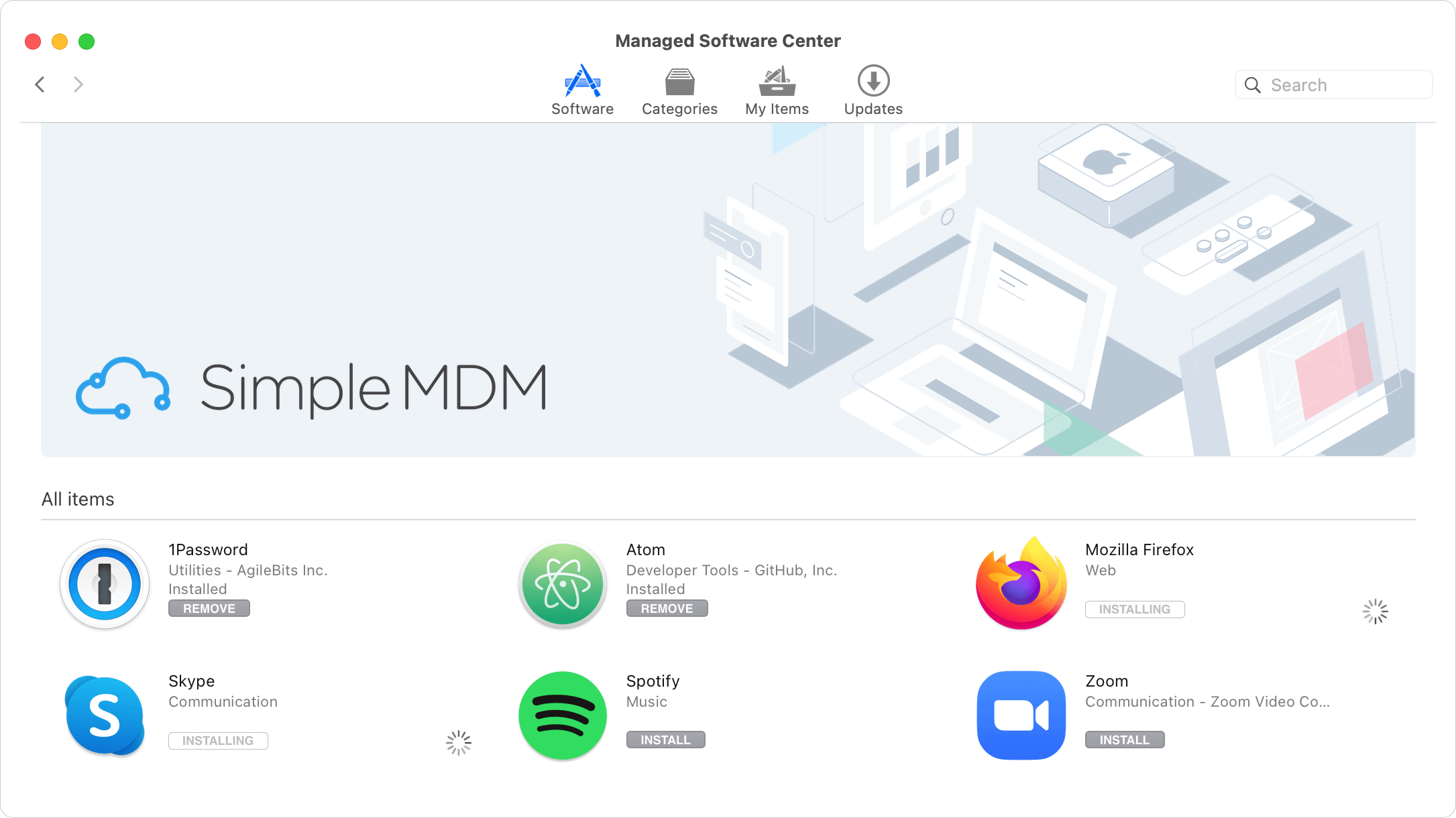 The SimpleMDM self-serve private app store interface that presents to macOS users