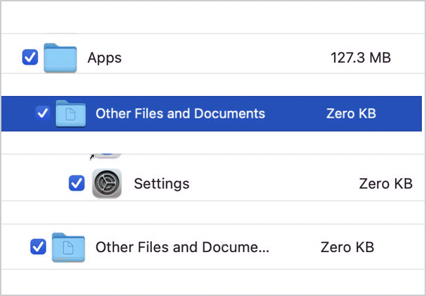 Screen shot of migration menu where you can select files and documents to omit from migration.