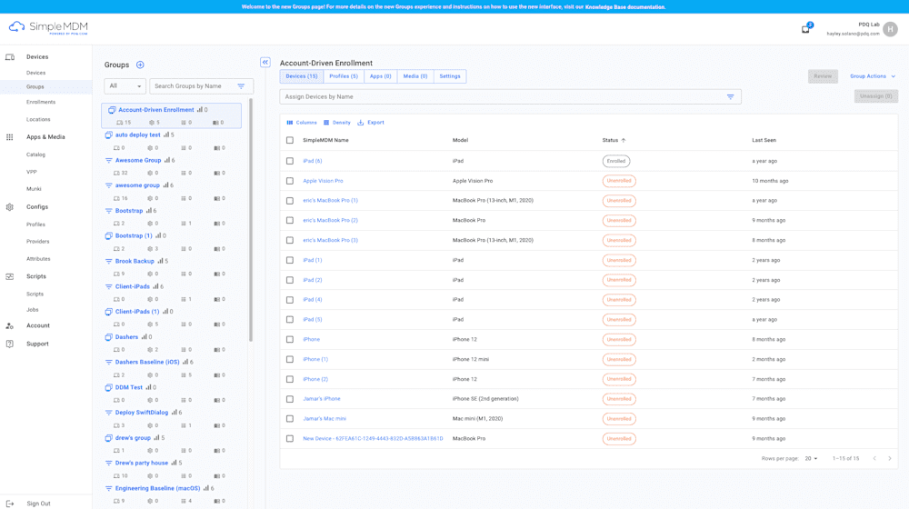 Screenshot of the new Groups UI in SimpleMDM.