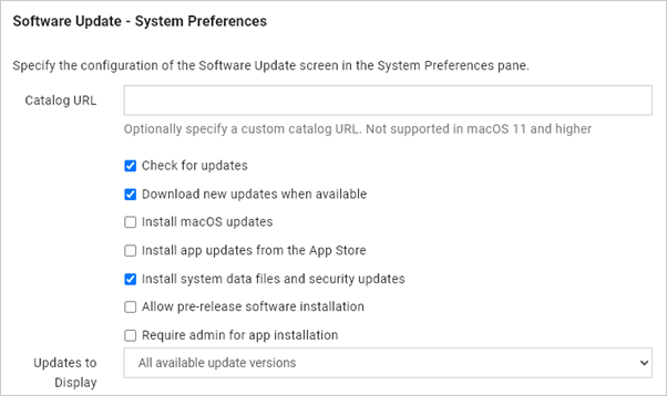 Software update system preferences options