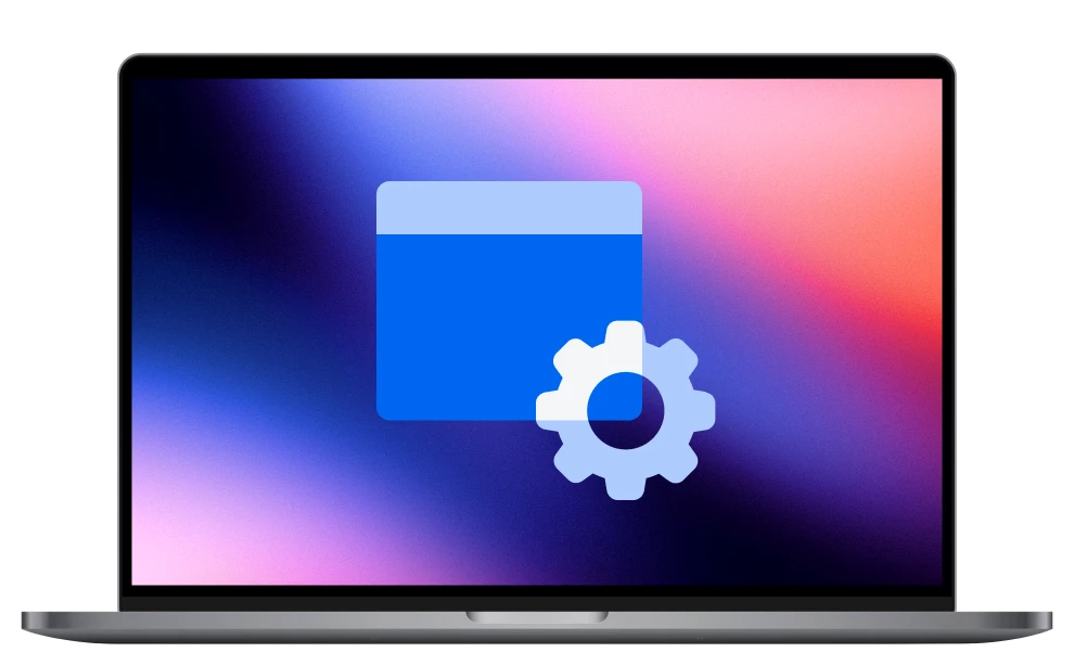 mockup of macbook pro wth icon of browser and cog