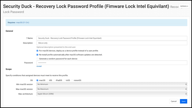 Screenshot of a completed Recovery Lock Password profile.