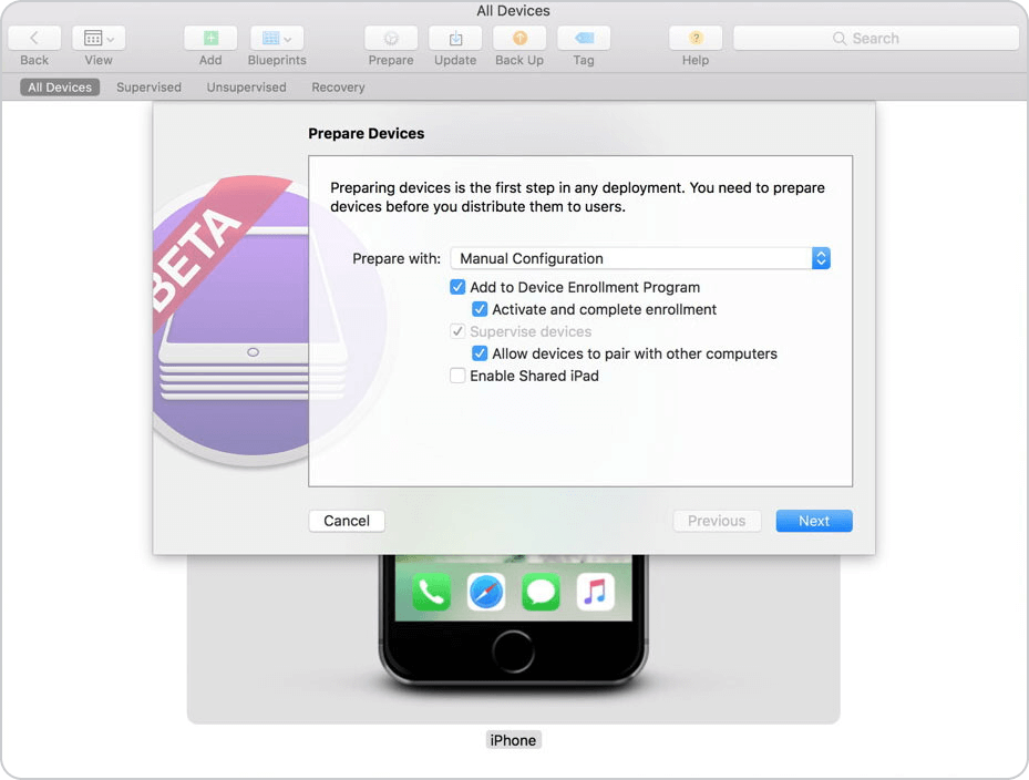 Once device is in Apple Configurator click Prepare, check Add to Device Enrollment Program & Activate & complete enrollment