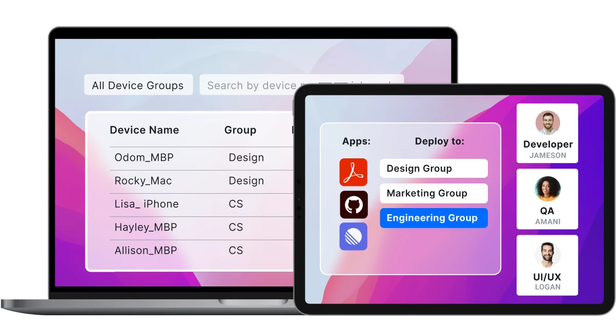 Laptop and ipad displaying mock UI of device groups and app deployment in SMDM
