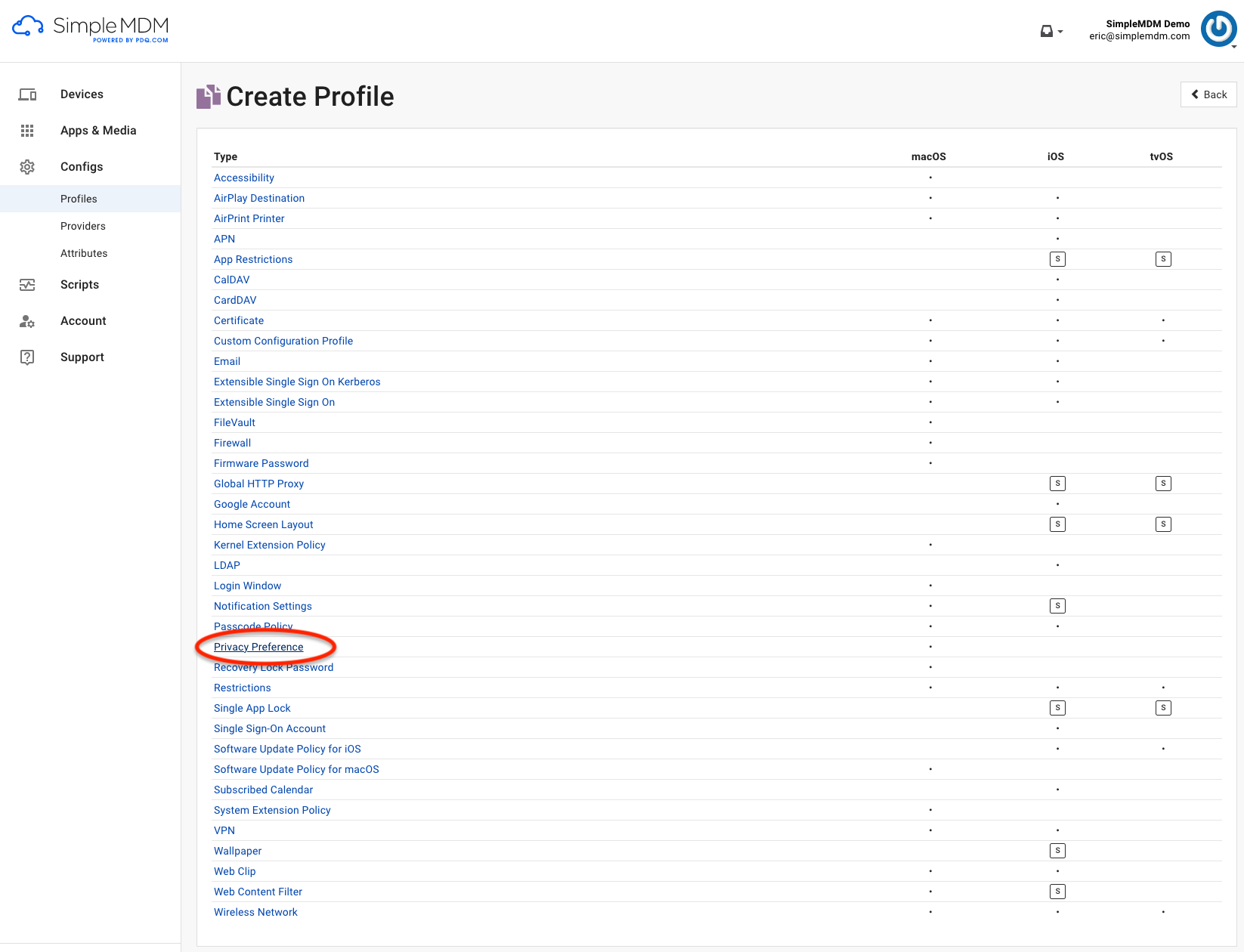 Image of the "Privacy Preference" link on the "Create Profile" menu in SimpleMDM