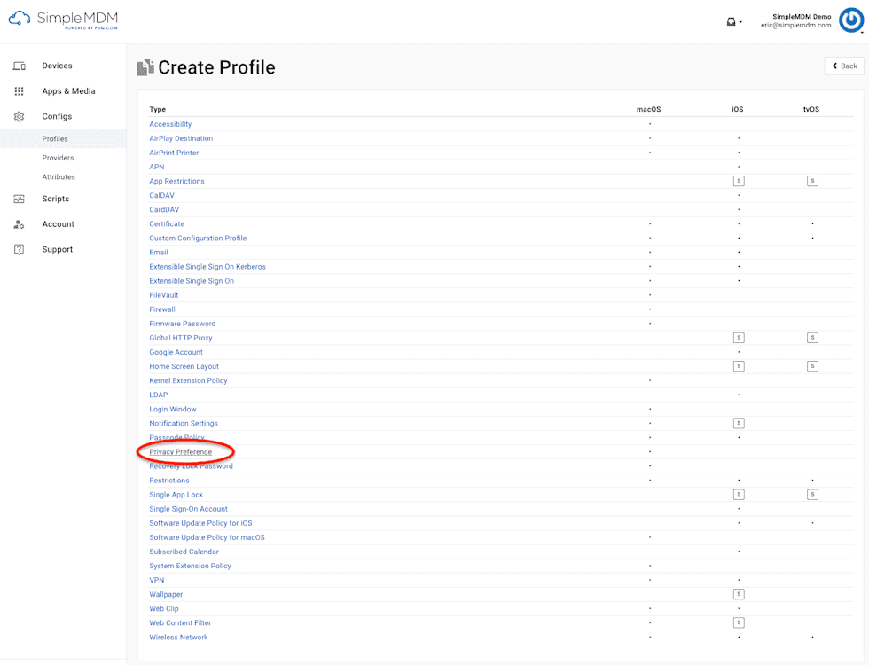 Image of the "Privacy Preference" link on the "Create Profile" menu in SimpleMDM