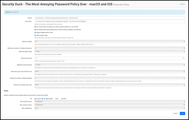 Screenshot of a completed Passcode Policy profile.
