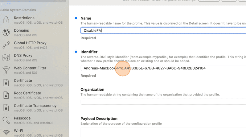 Screenshot of iMazing Profile Editor interface showing the identifier field.