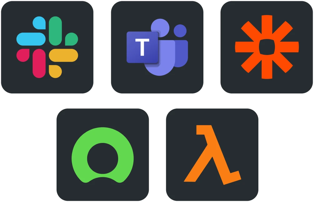 Logos for Slack, Microsoft Teams, Zapier, Service Now, and AWS