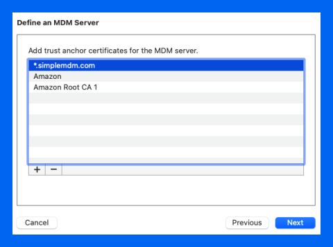 Trust anchor certificate window in Apple Congifurator