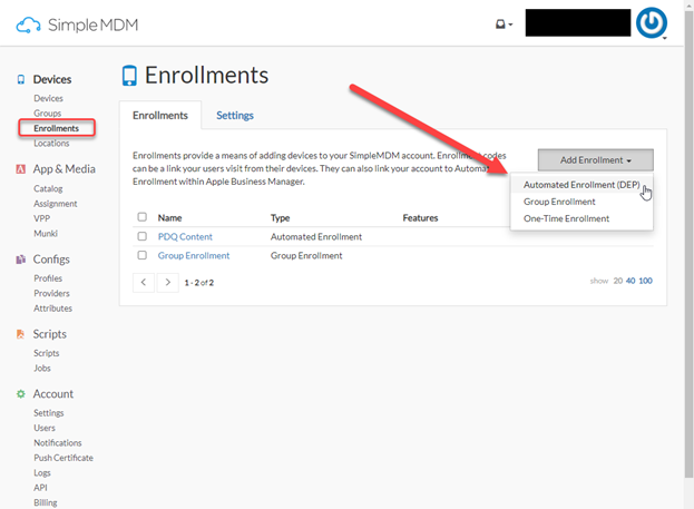 Click Add Enrollment then Automated Enrollment DEP