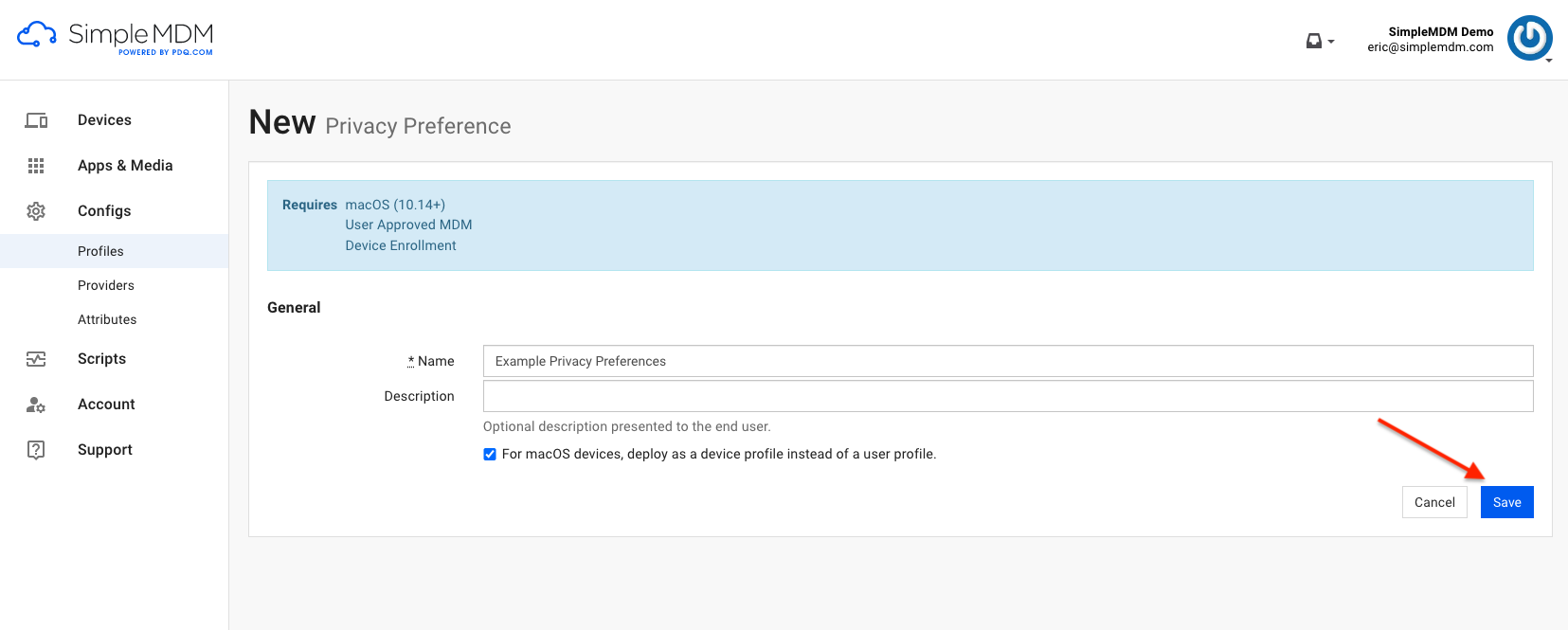 Image of the "Save" button in the New Privacy Preference panel of the SimpleMDM Profiles section