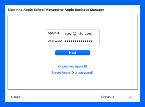 ASM / ABM sign in screen in Apple Configurator