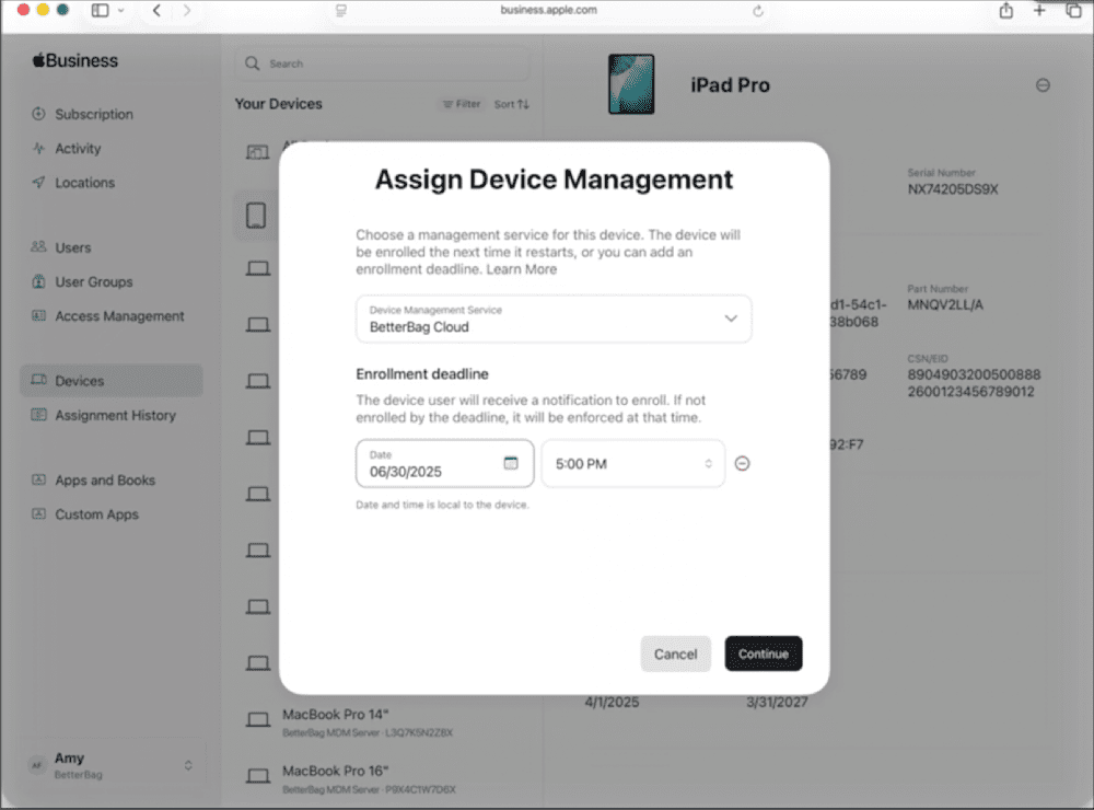 ABM showing device management assignment pane