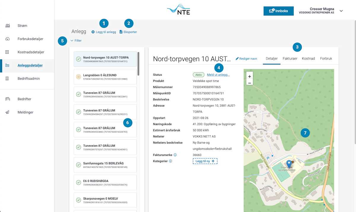 Skjermbilde av oversikt over anlegg i bedriftsportalen