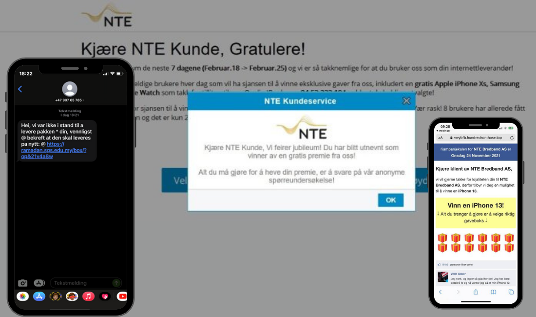 Sms svindel med telefonnr til NTE, phising m.m.