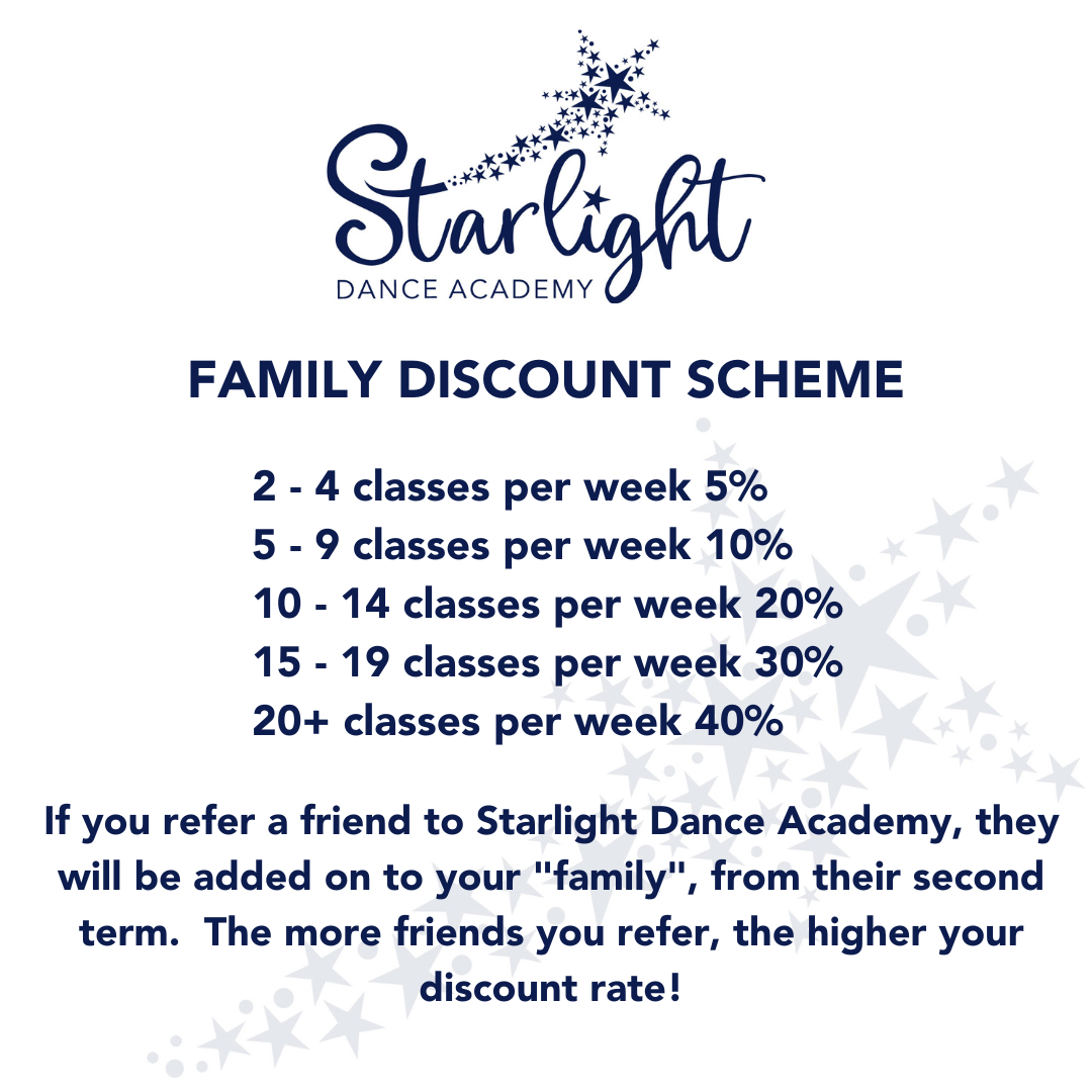 Family Discount Scheme. 2-4 classes per week: 5%. 5-9 classes per week: 10%. 10-14 classes per week: 20%. 15-19 classes per week: 30%. 20+ classes per week: 40%. If you refer a friend to Starlight Dance Academy, they will be added to your "family", from their second term. The more friends you refer, the higher your discount rate!