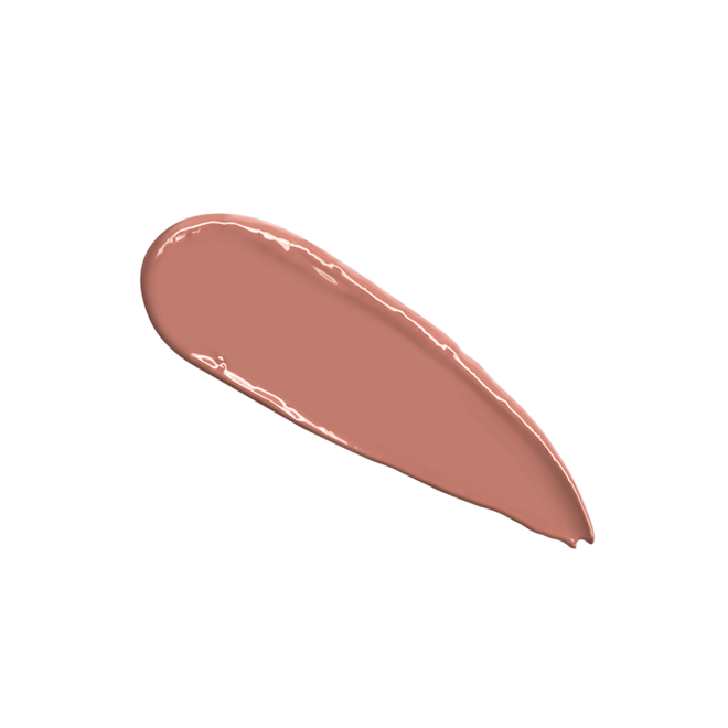 K.I.S.S.I.N.G. in Runway Royalty swatch Swatch of a lipstick in a soft rosy peach shade with a satin finish.
