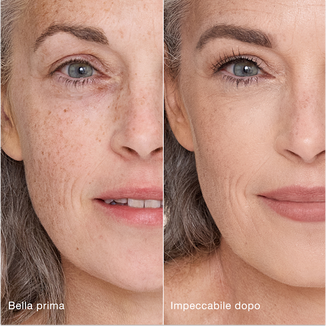 Airbrush Flawless Concealer - 4.5 fair prima e dopo Confronto affiancato che mostra la pelle prima e dopo aver applicato il correttore Airbrush Flawless di Charlotte Tilbury, con le etichette di testo "Bella prima" e "Impeccabile dopo".