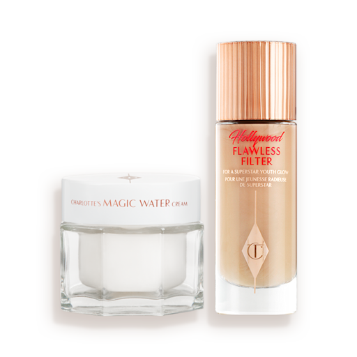 Charlotte's Magic Water Cream and Hollywood Flawless Filter A jar of moisturiser next to a bottle of liquid foundation