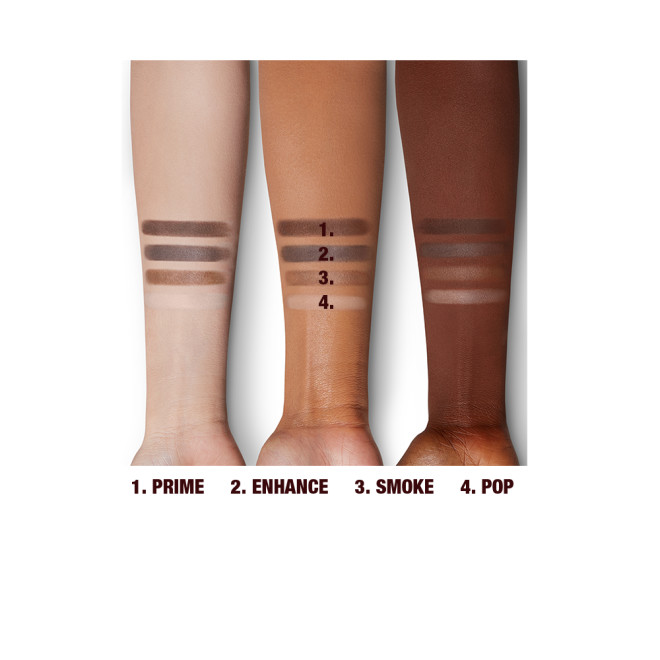 Arm swatches of four matte eyeshadows in cream, tan, taupe, and chocolate colours on fair, tan, and deep skin. 