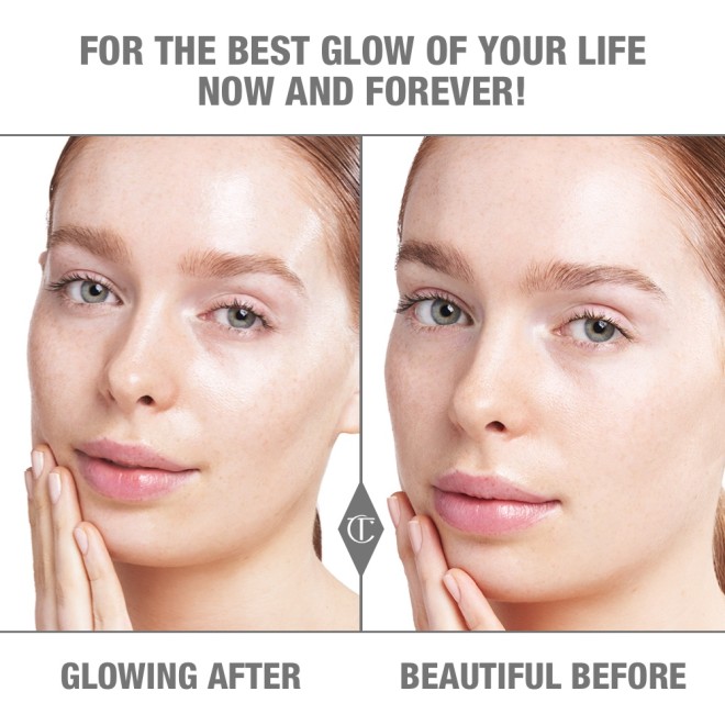 Before and after of a fair-tone model with no makeup and or skincare done in the before shot and glowy, luminous skin in the after shot after applying Glow toner.