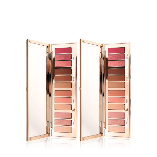 Two open, mirrored-lid eye palettes with a rose gold, high shine finish, revealing twelve eyeshadows in shades of pink, peach, brown, and champagne.
