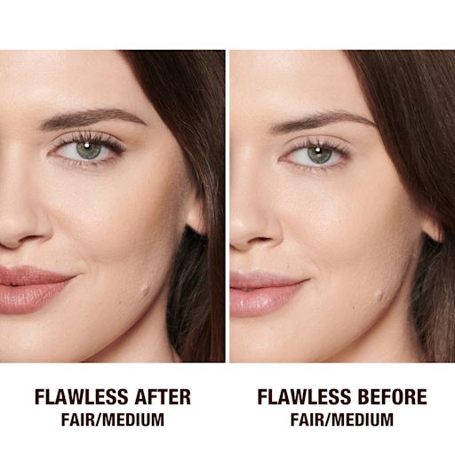Brightening Airbrush Flawless Finish on fair-tone model before and after before and after of a fair-tone model wearing glowy makeup without setting it in the before shot and wearing a radiant, setting powder that brightens, cover blemishes, and makes her skin look fresh.