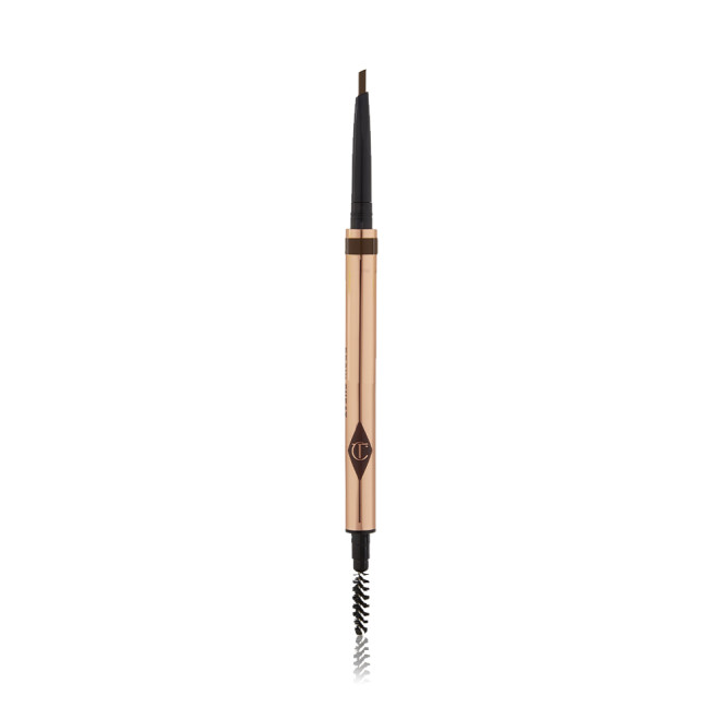 A double-ended eyebrow pencil and spoolie brush duo in a dark brown shade with gold-coloured packaging.