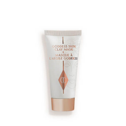 Mini Goddess Skin Clay Mask Closed A wash-off clay mask in a white-coloured tube with a gold-coloured lid.
