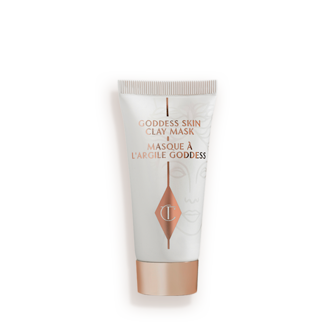 Mini Goddess Skin Clay Mask Closed A wash-off clay mask in a white-coloured tube with a gold-coloured lid.