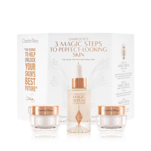 3 Magic Steps Skincare displayed Travel-size, pearly-white face cream in a glass jar with a gold-coloured lid, travel-size fawn-coloured night cream in a glass jar with a gold-coloured lid, and luminous face serum in a glass bottle with a white and gold dropper lid.