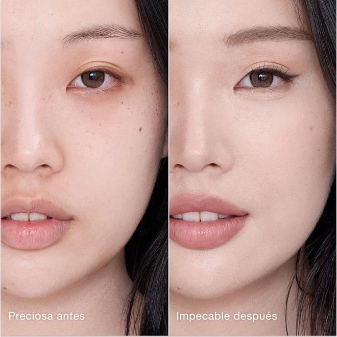 Antes y después de usar Airbrush Flawless Concealer en el tono 1 Fair Comparación paralela que muestra la piel antes y después de aplicar el corrector Charlotte Tilbury Airbrush Flawless Concealer con las etiquetas de texto «Preciosa antes» y «Perfecta después».
