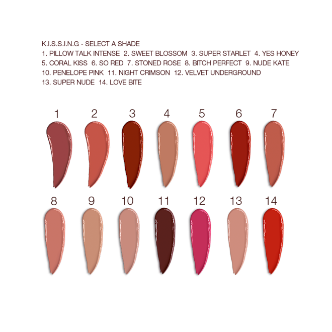 K.I.S.S.I.N.G Lipstick collection swatches Swatches of fourteen lipsticks with a satin finish in shades of red, brown, orange, pink, and purple.