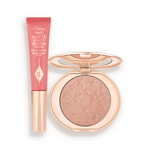 Beauty Blush Wand and Hollywood Highlighter Bundle A matte pink liquid blush and powder highlighter