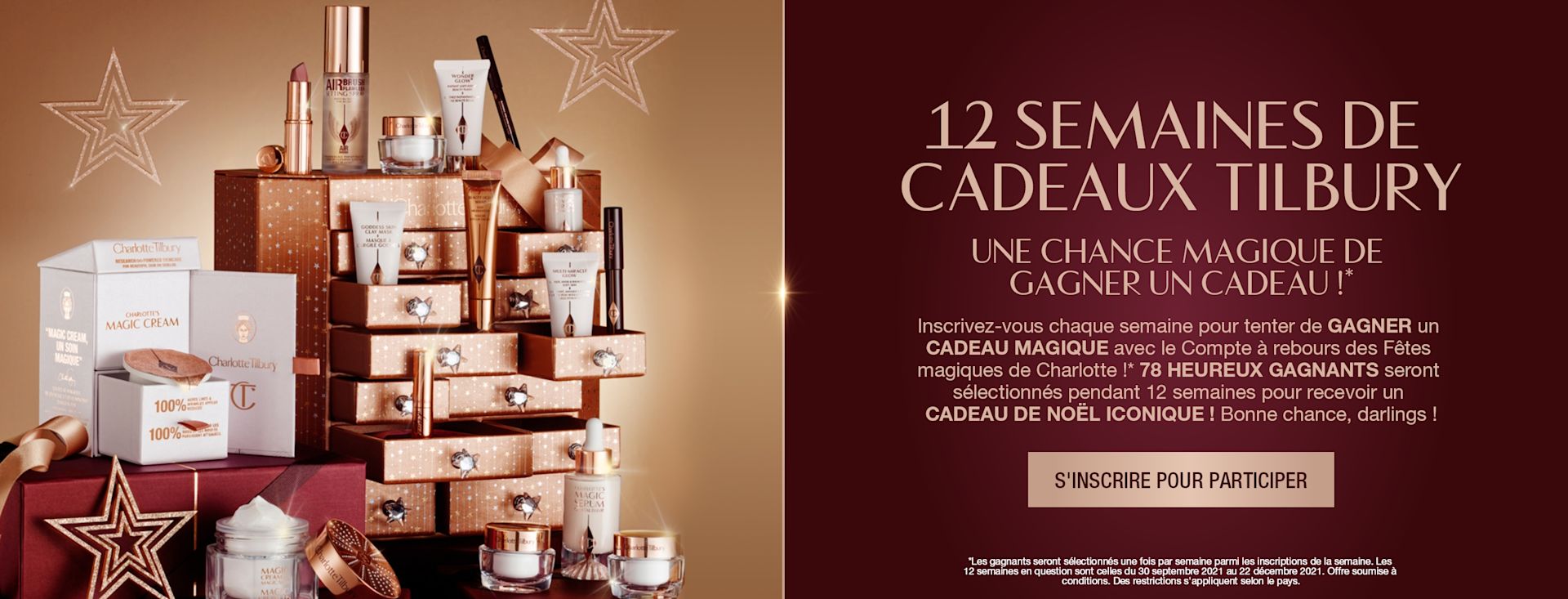 FR HP-HERO-12TREATS-HOLIDAY-MB Banner with a golden-coloured chest with twelve drawers with shiny, silver-coloured star handles with the products inside displayed, hich include makeup primers, clay mask, face cream, liquid highlighter wand, setting spray, lipstick. mascara, chubby eyeshadow stick, lip liner pencil, and eyeliner, and text on the banner that reads, '12 weeks of Tilbury Treats. Sign up to enter'