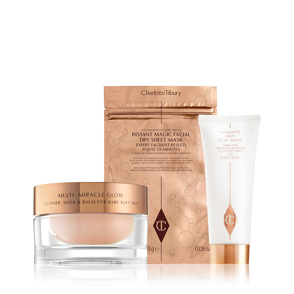 Makellose Gesichtsmaske Kit Pack Shot Flawless Face Mask Kit Shot mit Multi Miracle Glow Moisturiser, Gesichtsmaske und Goddess Skin Clay Mask