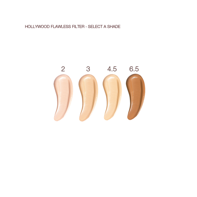 Hollywood Flawless Filter swatches Swatches of four, glowy primers in nude peach, light golden-beige, yellow-beige, and dark brown.