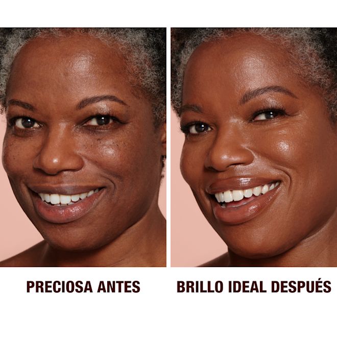 ES HFF7-B&A Before and after close-up of a deep-tone model with brown eyes wearing a luminous, glowy primer that blurs her pores and fine lines with black eyeliner and sheer lip gloss.