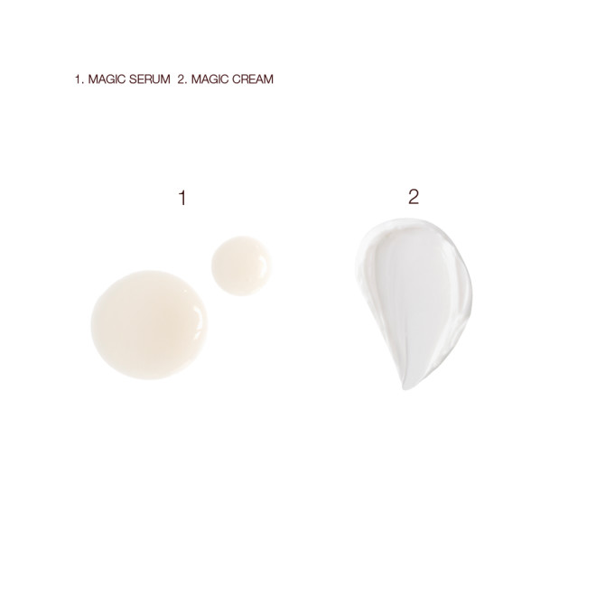 Swatches of luminous, ivory-coloured serum drops and pearly-white face cream.