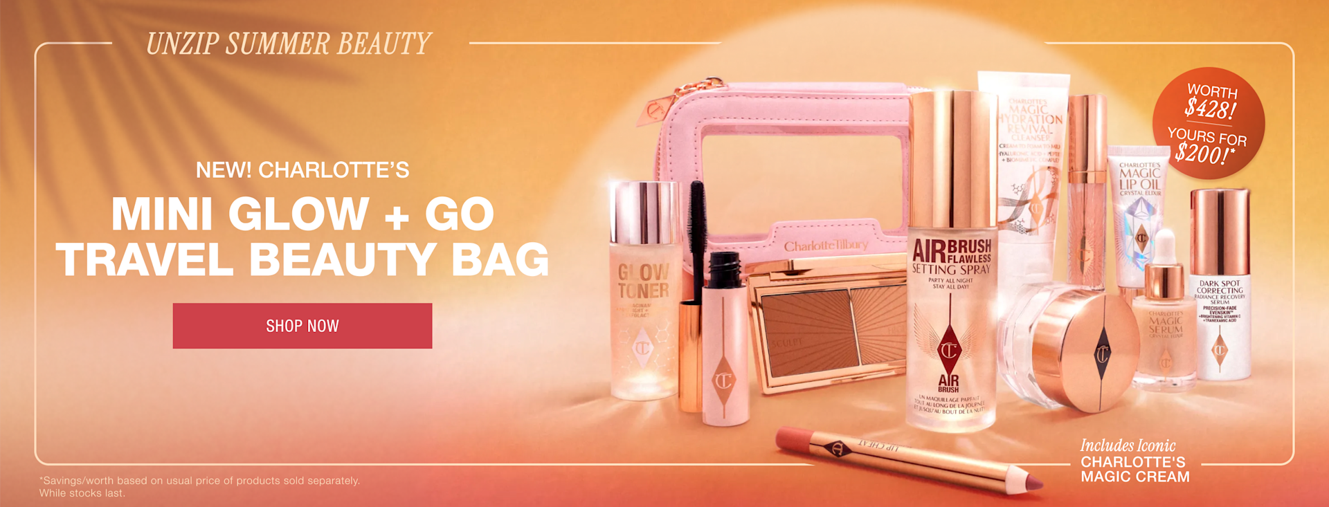 NEW! Charlotte’s Mini Glow + Go Travel Beauty Bag Unzip Summer Beauty NEW! Charlotte’s Mini Glow + Go Travel Beauty Bag Unzip Summer Beauty