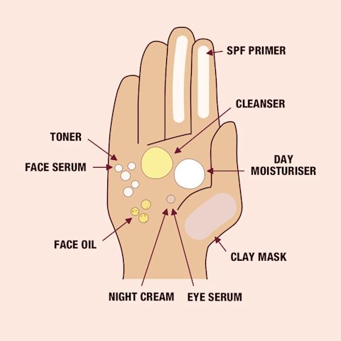 Main illustrée montrant la quantité de produit de soins de la peau à utiliser, y compris l'écran solaire, le nettoyant, l'hydratant, le masque d'argile, le sérum pour les yeux, la crème de nuit, l'huile pour le visage, le sérum pour le visage et le tonique.